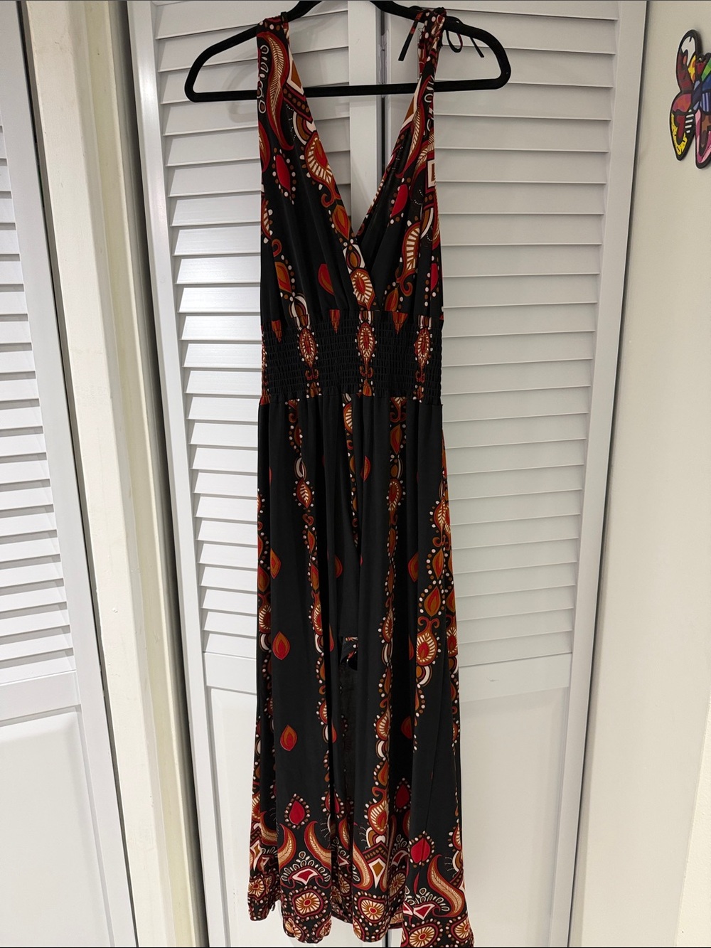 Black Red Print Tie-Shoulder Maxi Dress